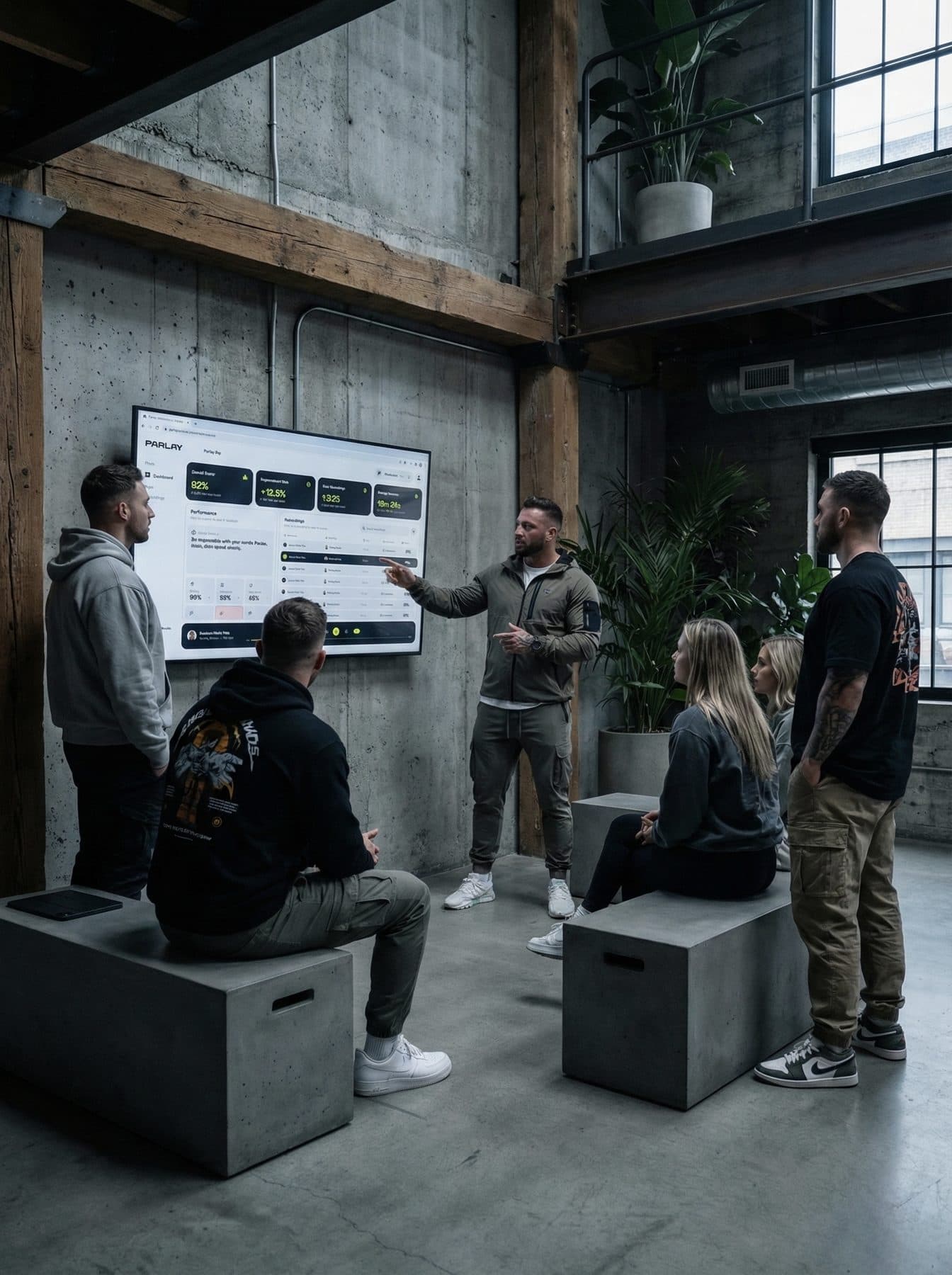 A sales manager coaching his team in front of a wall screen